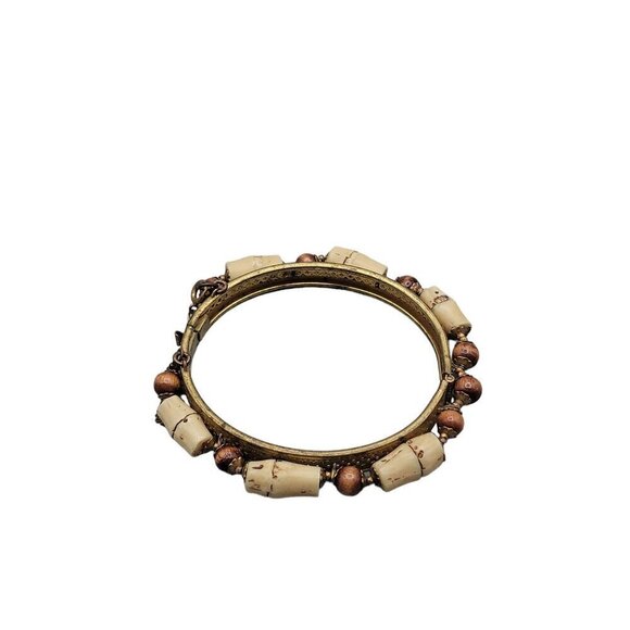 Miriam Haskell Rare Hinged Clamper Bangle Bracelet Resin Bamboo Wood Beads 6.5" - Picture 6 of 14